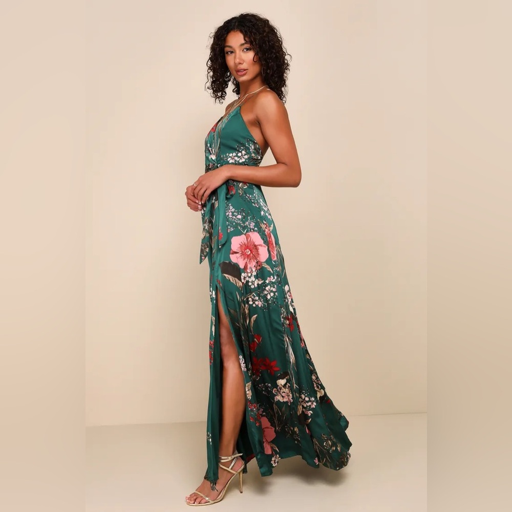 Lulu’s Still the One Emerald Green Floral Print Satin Maxi Dress